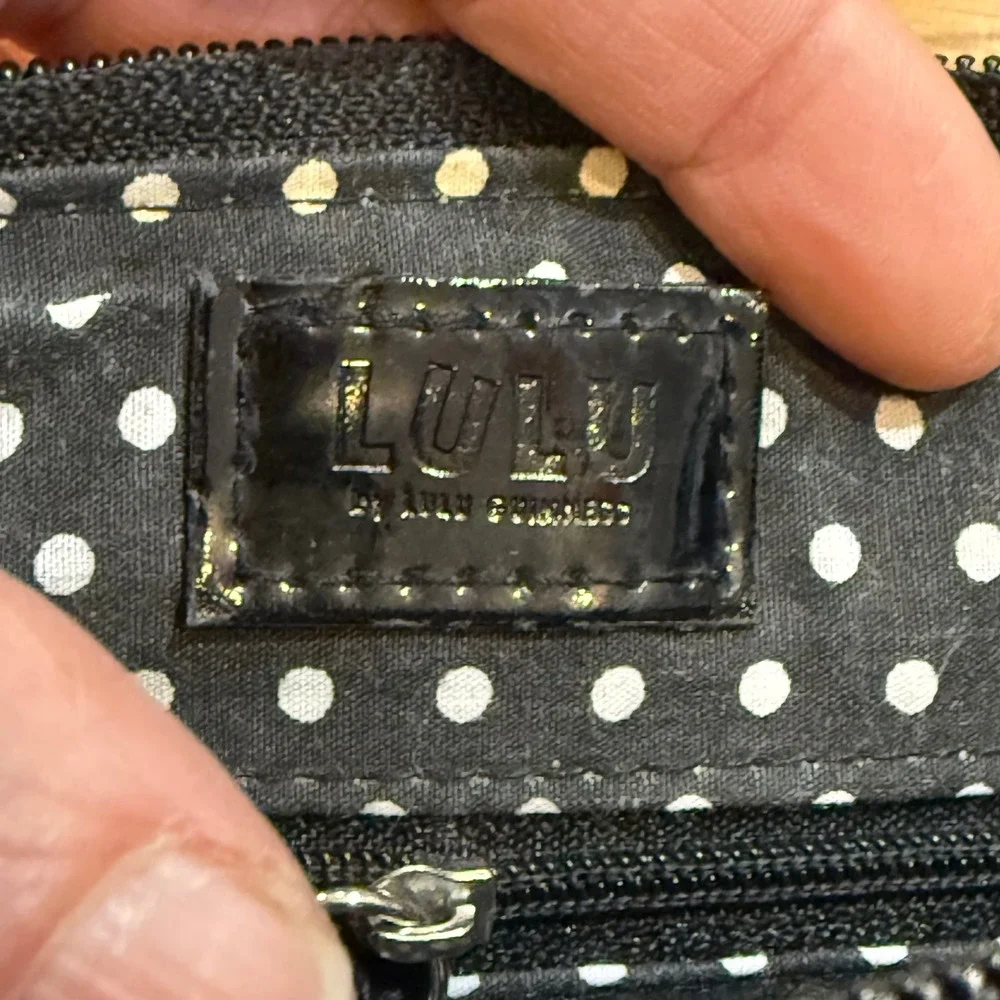 Lulu Guinness Black Patent Heart Quilted Wristlet Clutch Lip Turn Lock Polka Dot